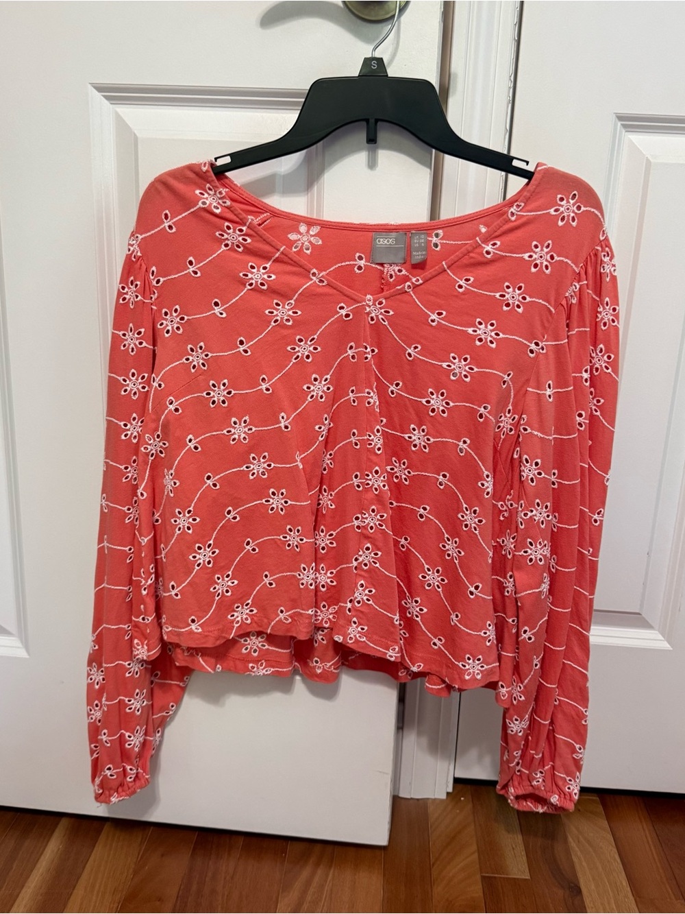 ASOS Coral Floral Embroidered Long-Sleeve Top